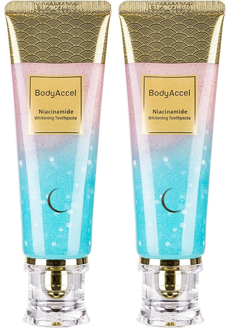 بودي أكسيل معجون أسنان BodyAccel لتبييض الأسنان بالنياسيناميد - إزالة فعّالة للبقع، عناية لطيفة طبيعية، نفس منعش - بنكهة الخوخ، صحة اللثة 100 غرام، قطعتان - Image 1
