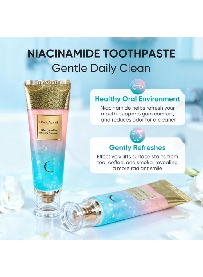 بودي أكسيل معجون أسنان BodyAccel لتبييض الأسنان بالنياسيناميد - إزالة فعّالة للبقع، عناية لطيفة طبيعية، نفس منعش - بنكهة الخوخ، صحة اللثة 100 غرام، قطعتان - Image 2