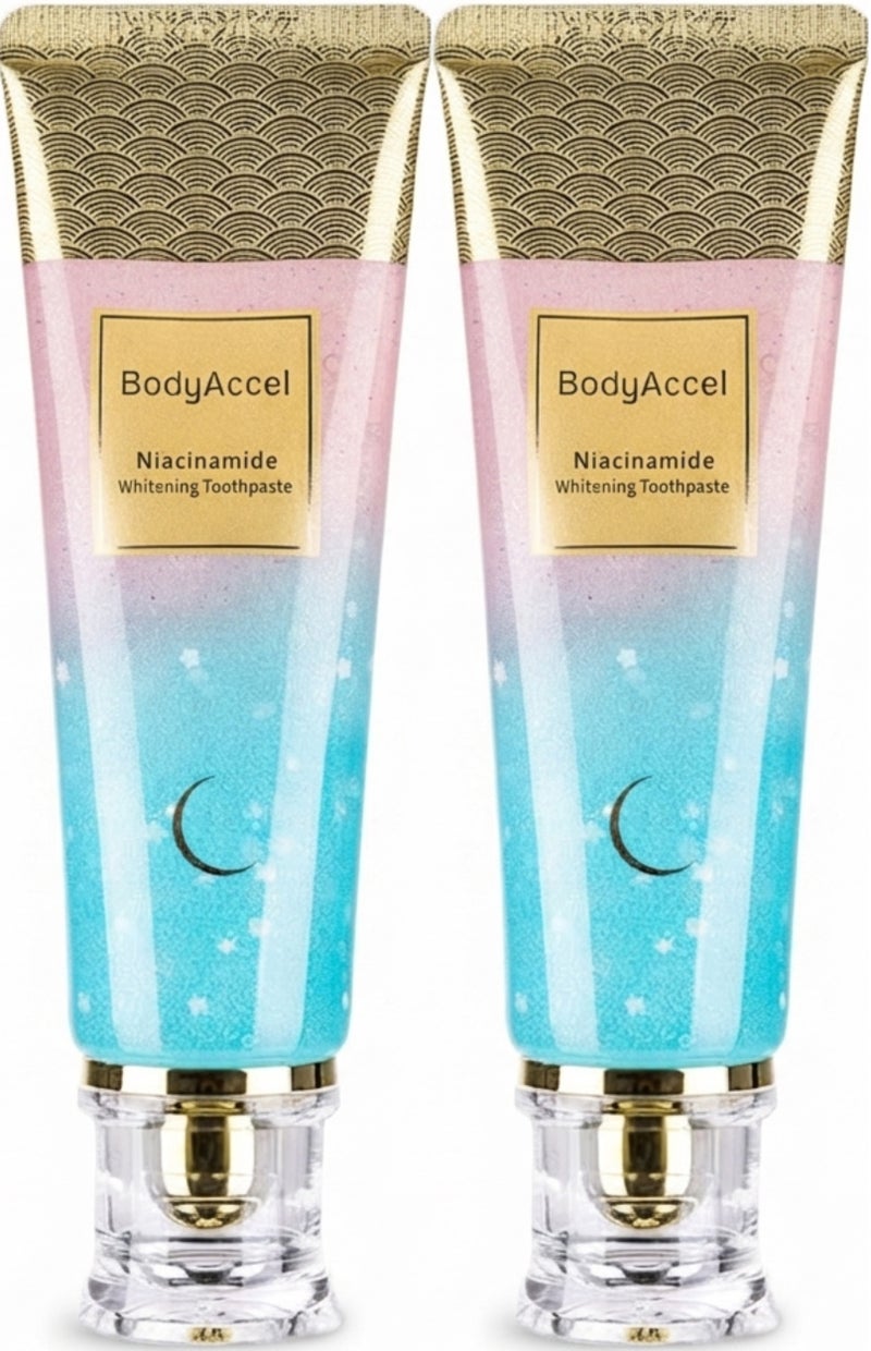 بودي أكسيل معجون أسنان BodyAccel لتبييض الأسنان بالنياسيناميد - إزالة فعّالة للبقع، عناية لطيفة طبيعية، نفس منعش - بنكهة الخوخ، صحة اللثة 100 غرام، قطعتان - Image 1