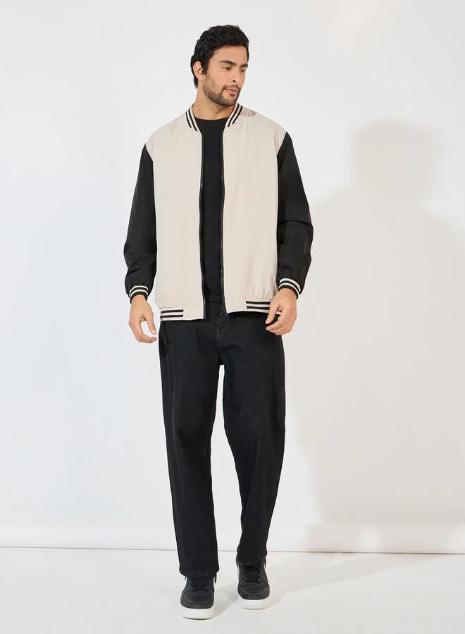 Styli Contrast Sleeve & Rib Detail Bomber Jacket with Welt Pockets