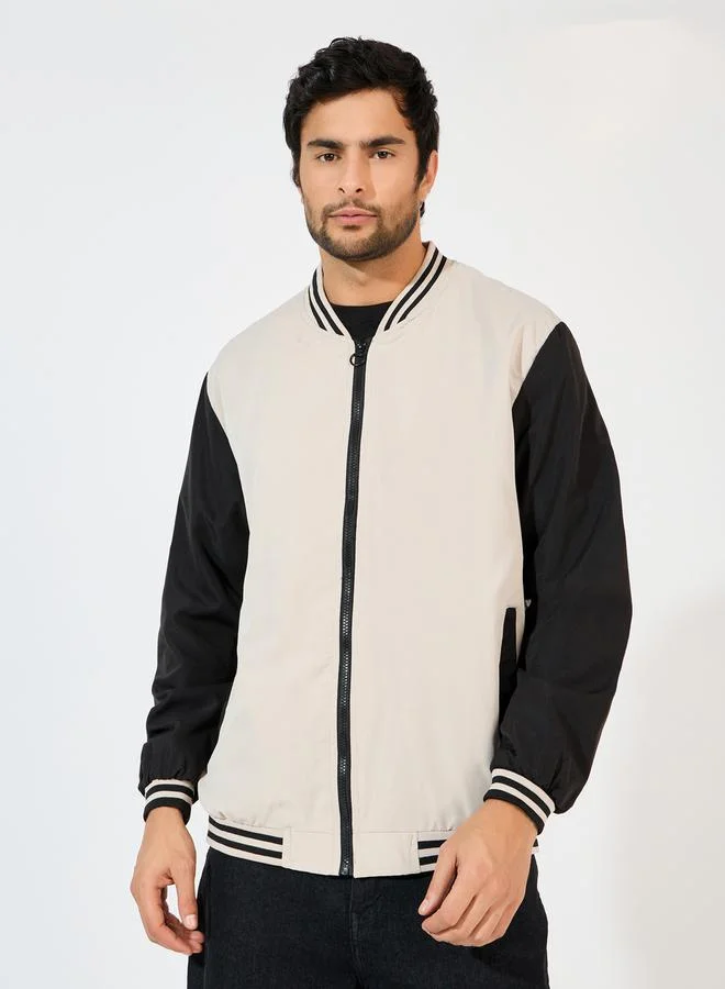 Styli Contrast Sleeve & Rib Detail Bomber Jacket with Welt Pockets
