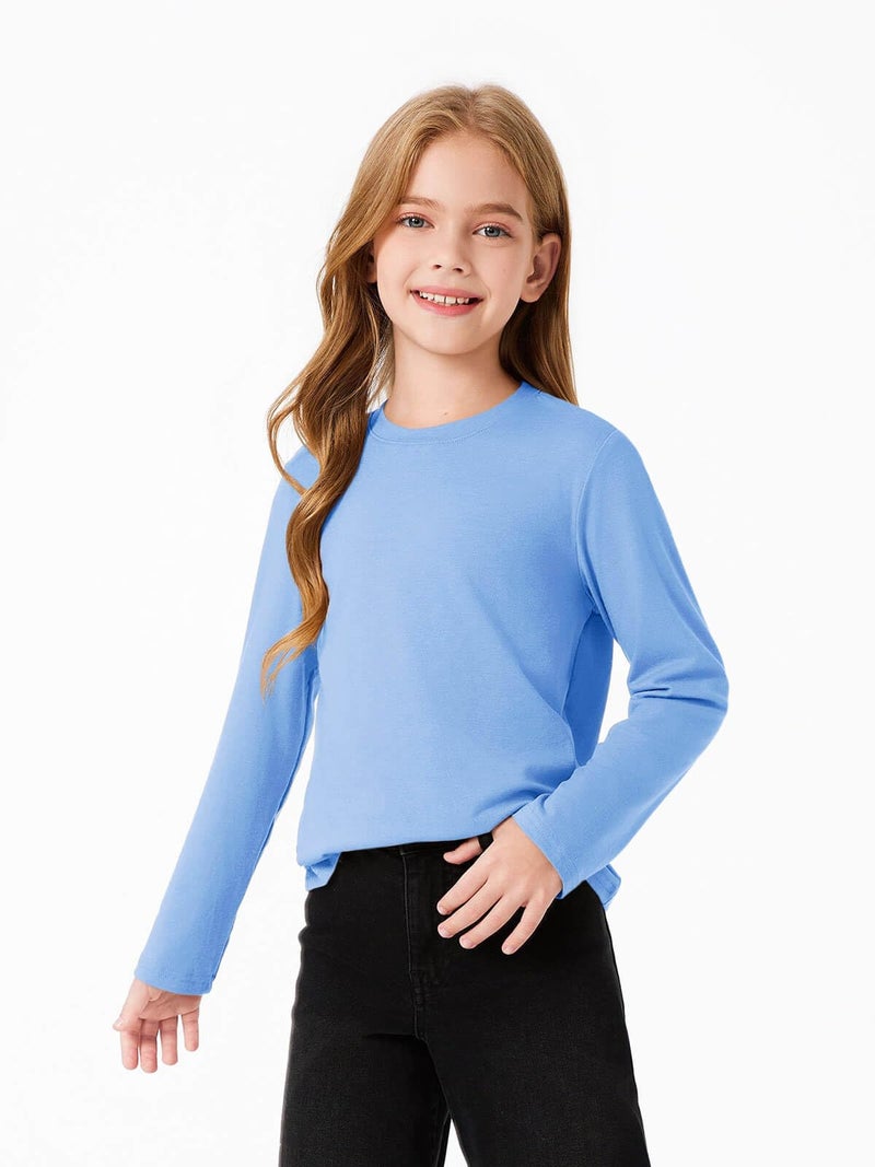 Haloumoning Girls Long Sleeve T Shirts Kids Fall Tops Crewneck Basic Tees 5-14Y Blue - Image 4