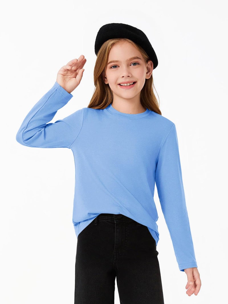 Haloumoning Girls Long Sleeve T Shirts Kids Fall Tops Crewneck Basic Tees 5-14Y Blue - Image 3