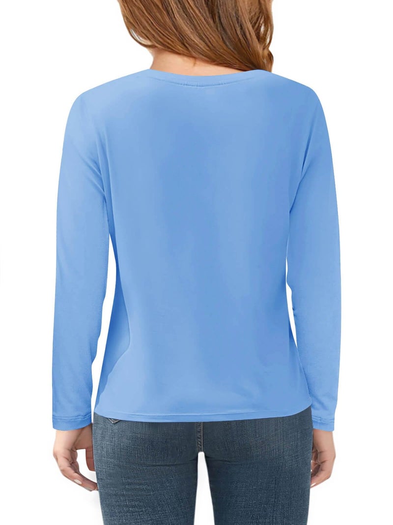 Haloumoning Girls Long Sleeve T Shirts Kids Fall Tops Crewneck Basic Tees 5-14Y Blue - Image 2