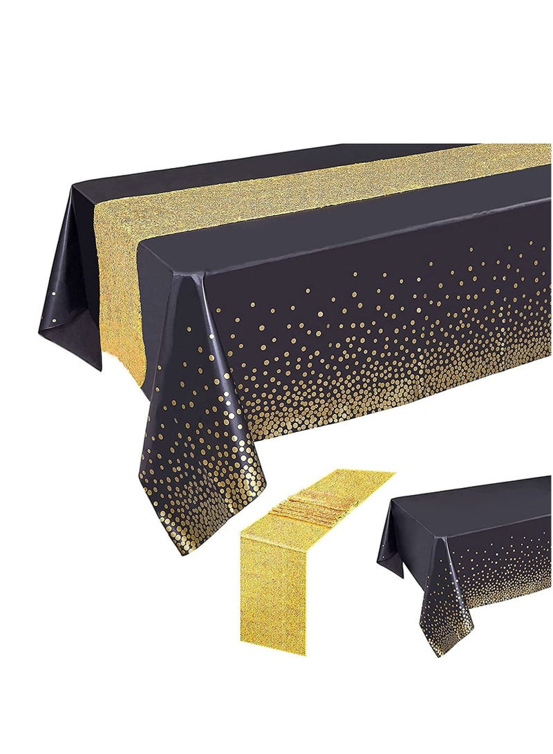 KASTWAVE Black Tablecloth Gold Sequin Table Runner Set, Black and Gold Party Decorations, Rectangle Table Cover Plastic Table Cloths for Parties, Gold Table Runners, for Graduation Birthday Anniversary - Image 2