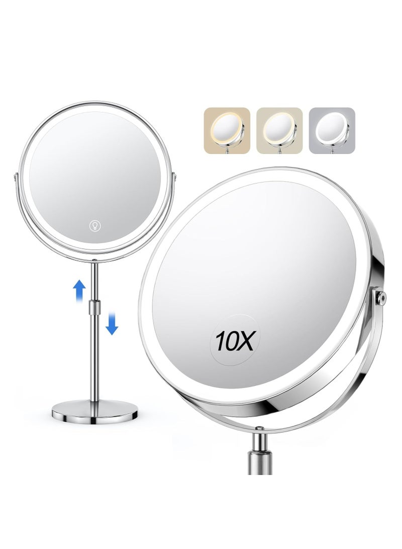 جوي لينك مرآة مكياج مضاءة كبيرة 10X، مرآة مكياج قابلة لإعادة الشحن بارتفاع 8 بوصة قابلة للتعديل، 3 ألوان سطوع قابلة للتعديل، شاشة تعمل باللمس، دوران 360 درجة، هدية للنساء - Image 1