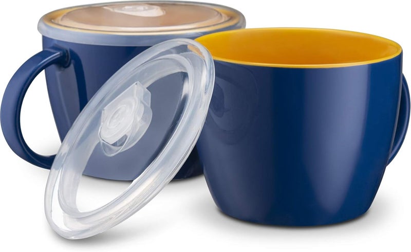KooK Ceramic Soup Mug Set with Lid  Handles 25 Oz MicrowaveSafe Bowls for Cereal Overnight Oats Coffee Travel Use NavyPumpkin Set of 2 - Image 1