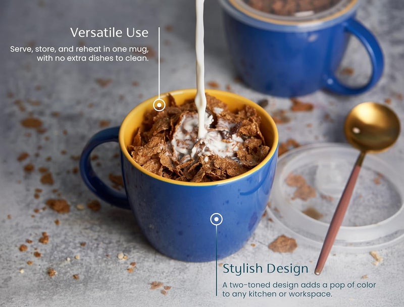 KooK Ceramic Soup Mug Set with Lid  Handles 25 Oz MicrowaveSafe Bowls for Cereal Overnight Oats Coffee Travel Use NavyPumpkin Set of 2 - Image 2