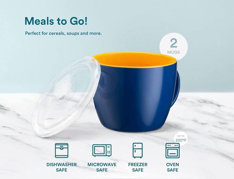 KooK Ceramic Soup Mug Set with Lid  Handles 25 Oz MicrowaveSafe Bowls for Cereal Overnight Oats Coffee Travel Use NavyPumpkin Set of 2 - Image 5