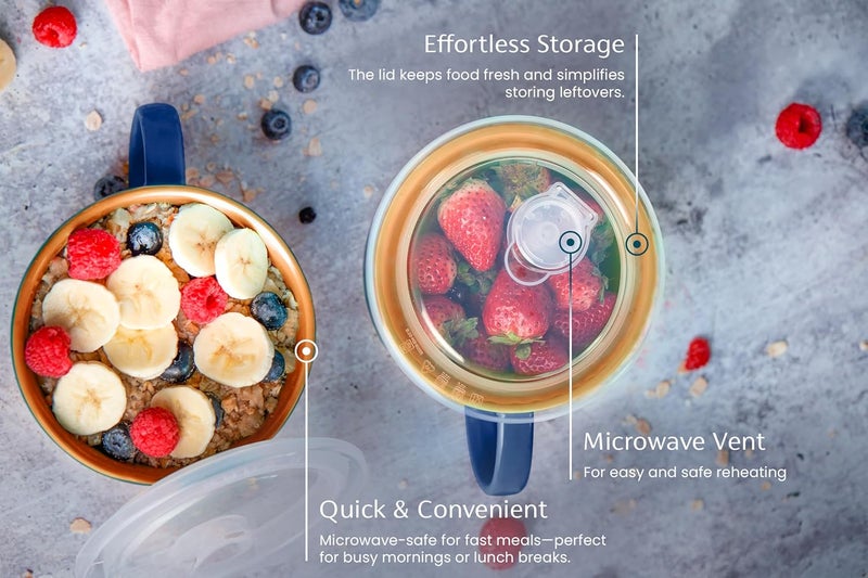 KooK Ceramic Soup Mug Set with Lid  Handles 25 Oz MicrowaveSafe Bowls for Cereal Overnight Oats Coffee Travel Use NavyPumpkin Set of 2 - Image 3