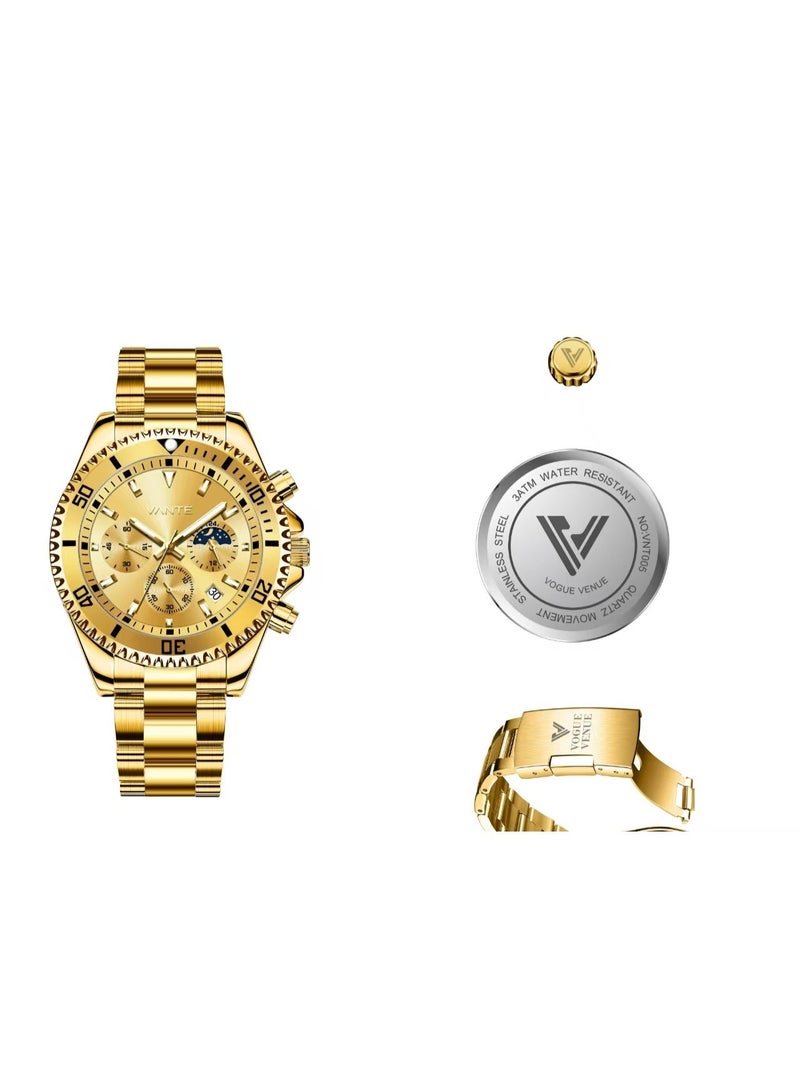 VOGUE VENUE VANTE Series Men's Luxury Gold Dial Chronograph Watch - Gold Tone Stainless Steel, Luminous & Waterproof with Moon Phase by VOGUE VENUE - VNT005 - Image 2