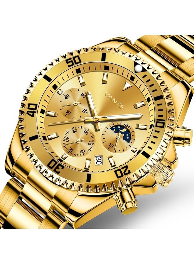 VOGUE VENUE VANTE Series Men's Luxury Gold Dial Chronograph Watch - Gold Tone Stainless Steel, Luminous & Waterproof with Moon Phase by VOGUE VENUE - VNT005 - Image 5