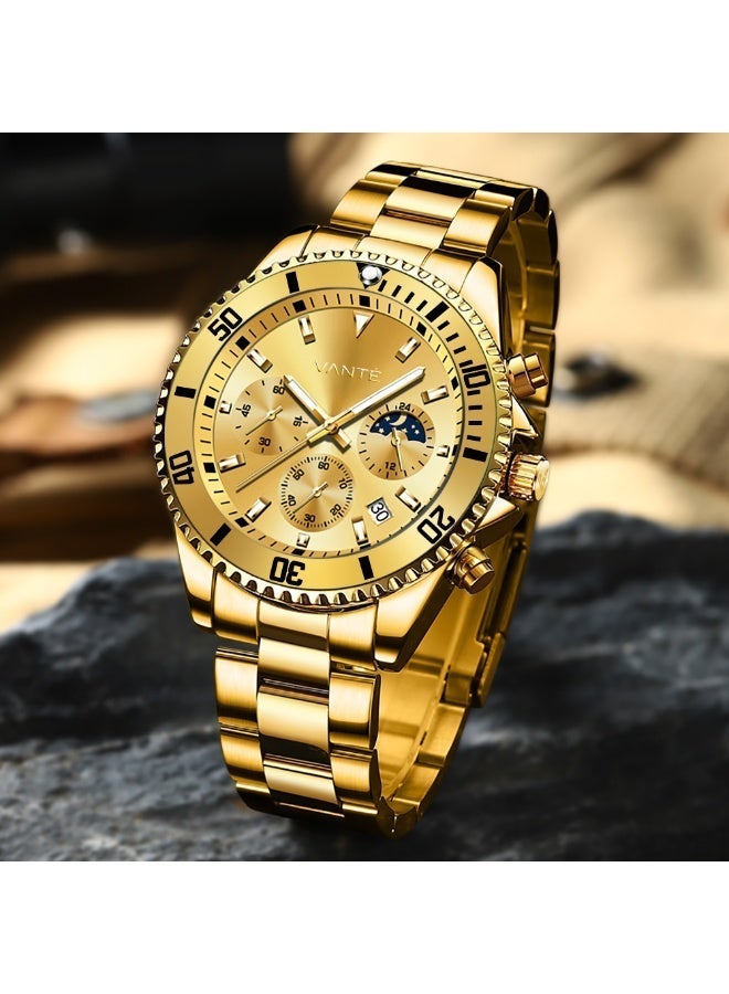 VOGUE VENUE VANTE Series Men's Luxury Gold Dial Chronograph Watch - Gold Tone Stainless Steel, Luminous & Waterproof with Moon Phase by VOGUE VENUE - VNT005 - Image 3