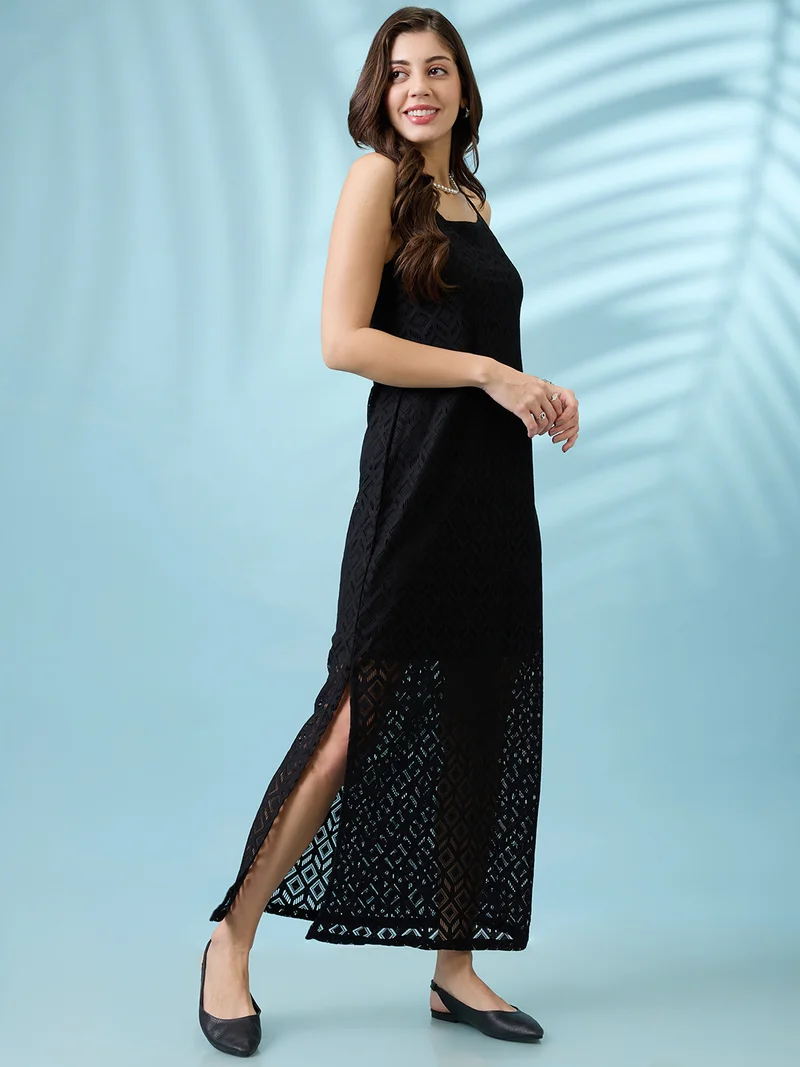globus Globus Women Black Crochet Geometric Pattern Strappy Sleeves Side Slit Sheath Maxi Dress
