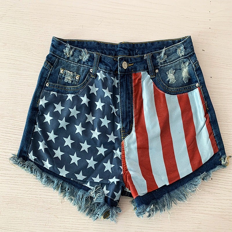 Y2K American Flag Patchwork Denim Shorts for Women - Image 2