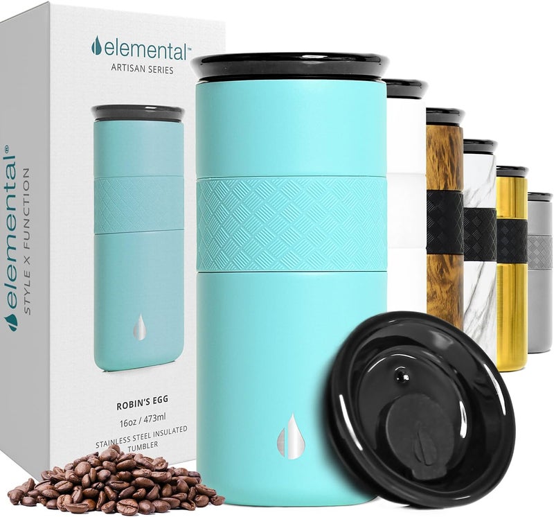 Elemental Artisan Insulated Tumbler, Triple Wall Coffee Travel Tumbler, Reusable Stainless Steel Coffee Tumbler with Ceramic Lid, Thermal Coffee Cup for Hot (6 Hrs) & Cold (18 Hrs) 16oz - Robin's Egg - Image 1