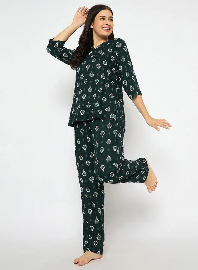 Clovia Printed Notch Neck Top and Pyjama Set