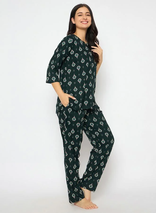 Clovia Printed Notch Neck Top and Pyjama Set