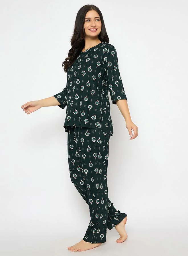 Clovia Printed Notch Neck Top and Pyjama Set