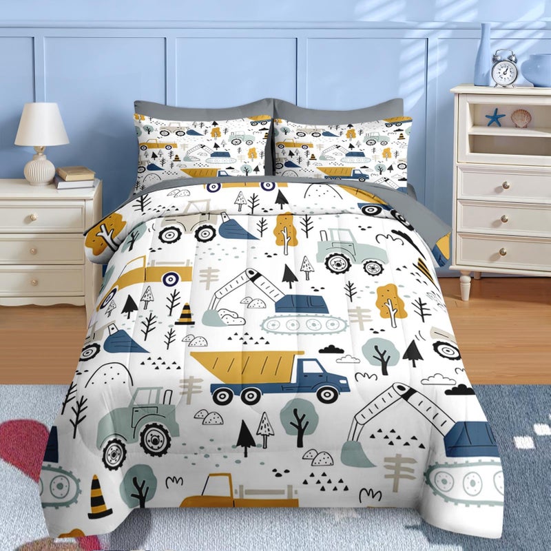 Nesker 5 Pcs Comforter Set Twin Size, Cute Cars Truck Tractor Bedding for Kids Teen, Cargo Crane Bulldozer Excavator Bed Sheet with Pillowcase & Sham - Image 1
