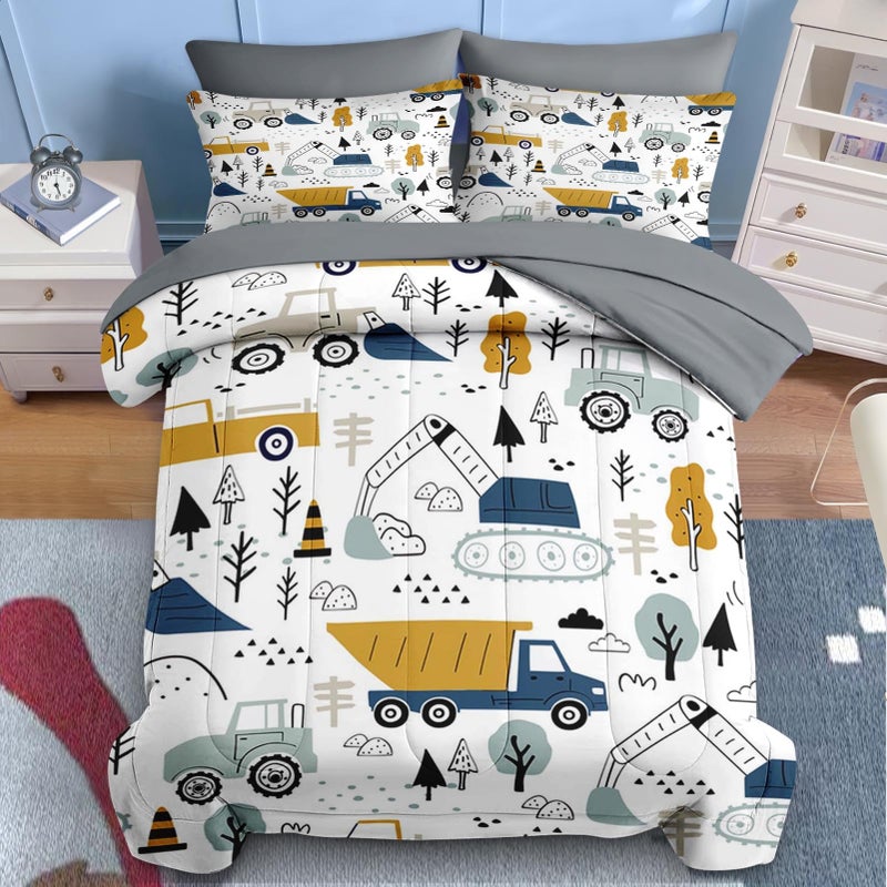 Nesker 5 Pcs Comforter Set Twin Size, Cute Cars Truck Tractor Bedding for Kids Teen, Cargo Crane Bulldozer Excavator Bed Sheet with Pillowcase & Sham - Image 3
