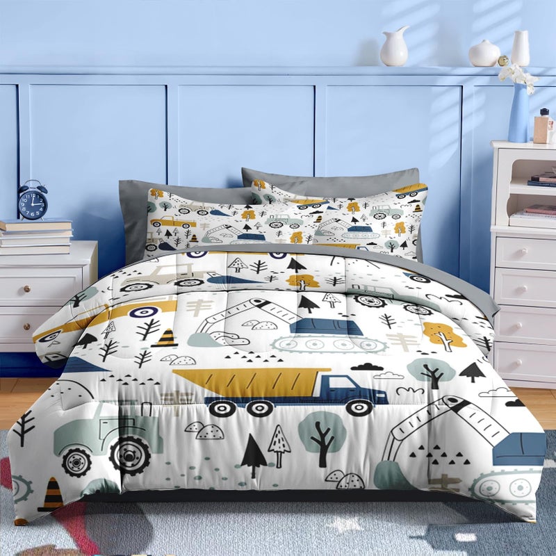 Nesker 5 Pcs Comforter Set Twin Size, Cute Cars Truck Tractor Bedding for Kids Teen, Cargo Crane Bulldozer Excavator Bed Sheet with Pillowcase & Sham - Image 2