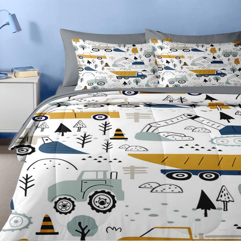 Nesker 5 Pcs Comforter Set Twin Size, Cute Cars Truck Tractor Bedding for Kids Teen, Cargo Crane Bulldozer Excavator Bed Sheet with Pillowcase & Sham - Image 5