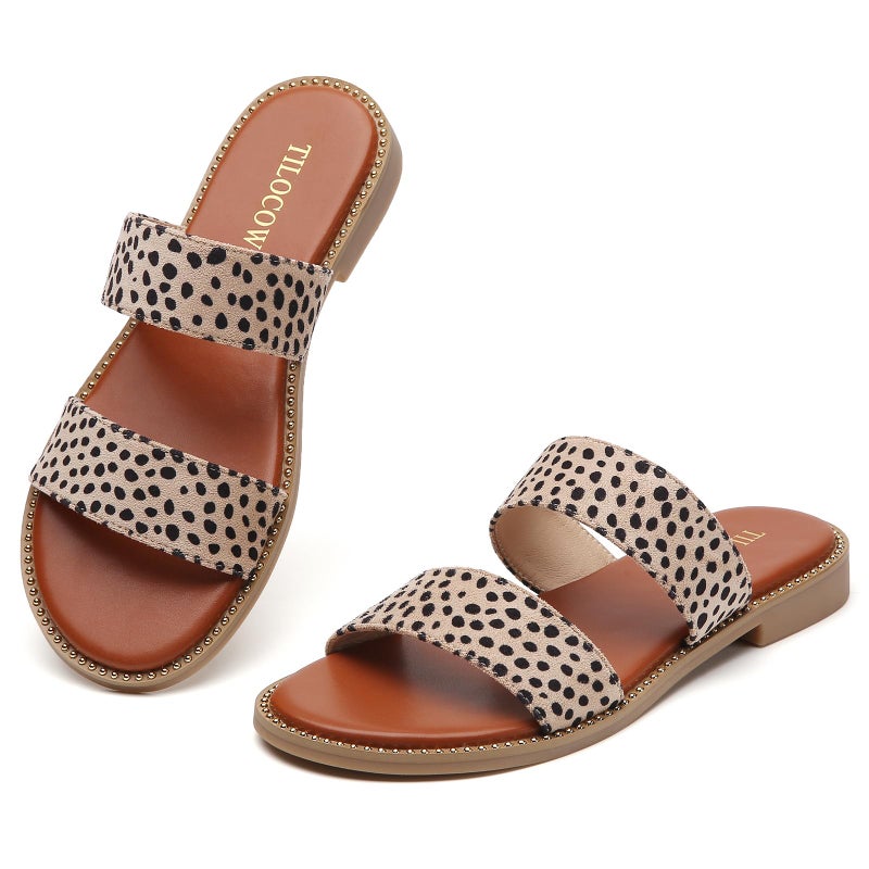 Tilocow Women's Flat Sandals with Rivets Inlaid, Slip on Flat Sandals, Two Strap Slide Shoes, Comfortable Open Toe Casual - Image 1