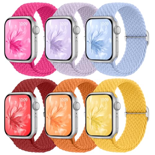 Knossen 6 Pack Braided Stretchy Bands Compatible with Apple Watch Band 38mm 40mm 41mm 42mm 44mm 45mm 46mm 49mm Women Men Adjustable Nylon Solo Loop Elastic Straps for iWatch Series 11 10 9 8 7 6 5 4 SE Ultra - Image 1
