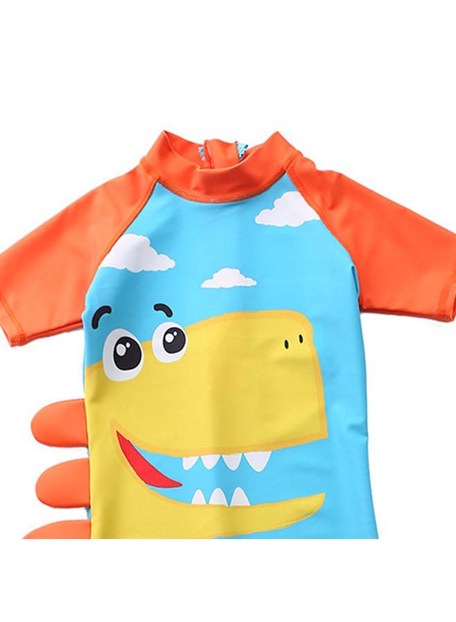 Swimwear One Piece Short Sleeve Sunscreen Beach Hot Spring Bathing Suit with Hat for Toddler Boy Blue White Cloud Dinosaur XL(100鈥?10cm 16鈥?9.5kg)
