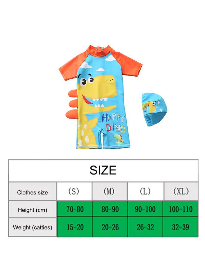 Swimwear One Piece Short Sleeve Sunscreen Beach Hot Spring Bathing Suit with Hat for Toddler Boy Blue White Cloud Dinosaur XL(100鈥?10cm 16鈥?9.5kg)
