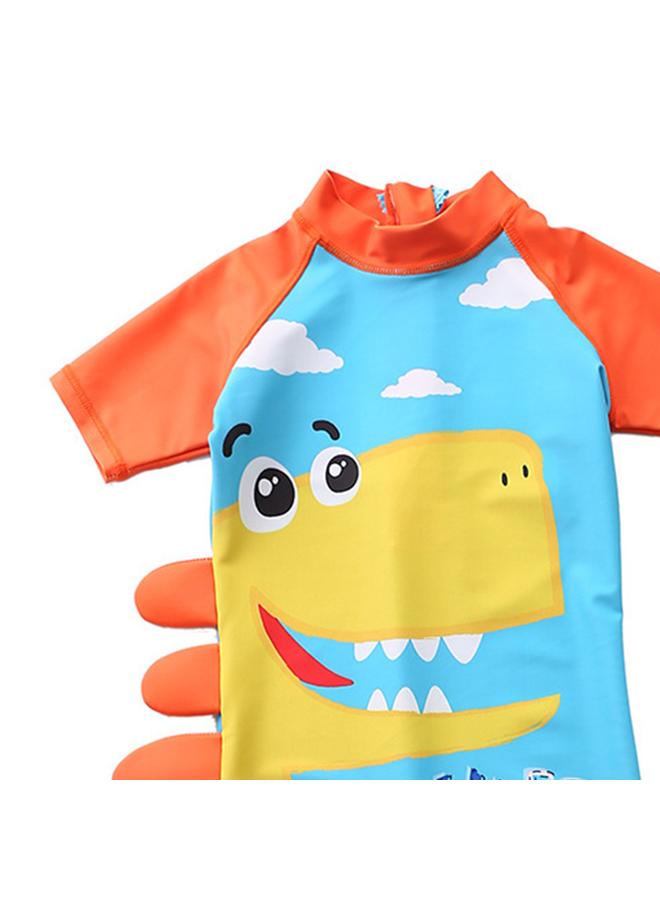Swimwear One Piece Short Sleeve Sunscreen Beach Hot Spring Bathing Suit with Hat for Toddler Boy Blue White Cloud Dinosaur XL(100鈥?10cm 16鈥?9.5kg)