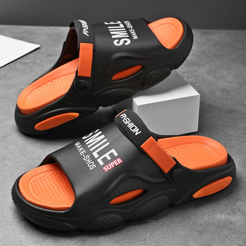 Slip-on Slippers Mens Summer Wearing Indoor Household Bathroom Non-slip Deodorant Wear-resistant Sandals and Slippers for Women black orange