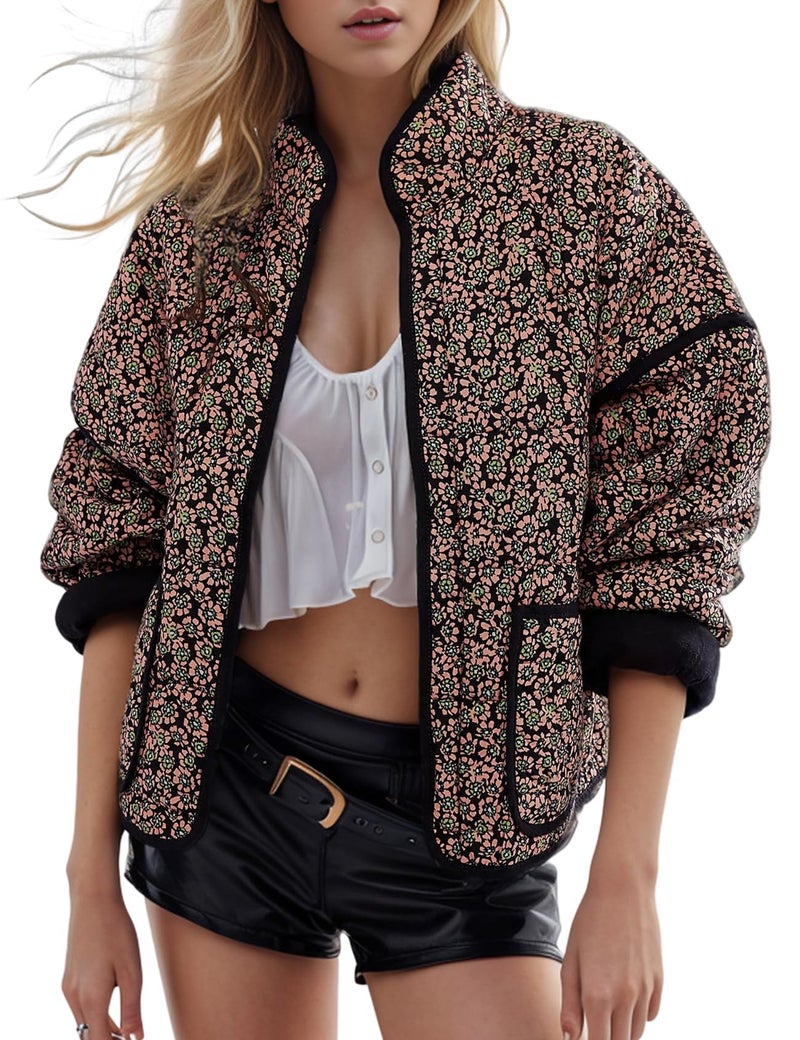 Yimoon Women's Cropped Puffer Quilted Jacket Vintage Floral Print Open Front Lightweight Short Jacket Outwear (GreenFloral-L) - Image 1