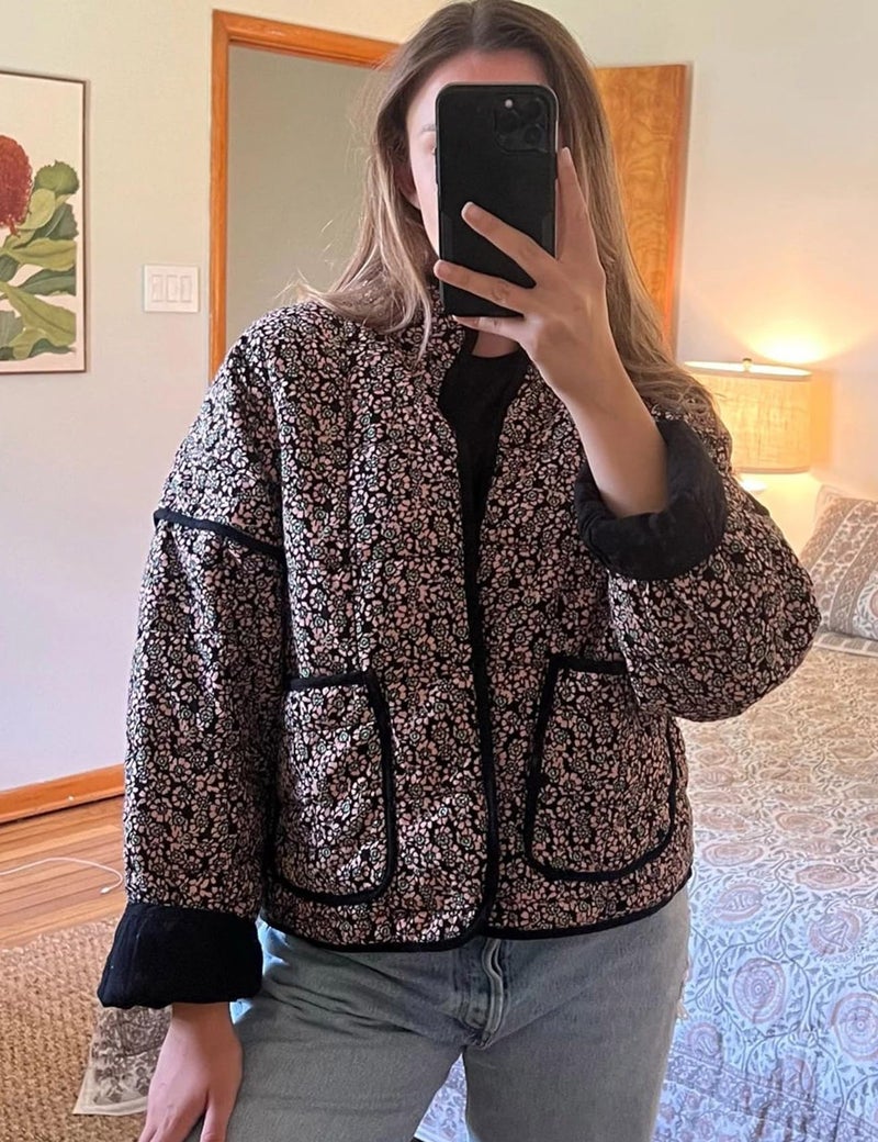 Yimoon Women's Cropped Puffer Quilted Jacket Vintage Floral Print Open Front Lightweight Short Jacket Outwear (GreenFloral-L) - Image 2