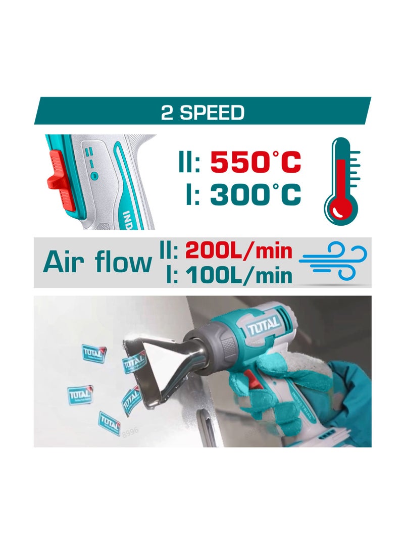 TOTAL 20V Cordless Dual-Temperature Heat Gun Kit - 300°C/550°C Battery Heat Gun with 4.0Ah Battery, Charger, 3 Nozzles, Scraper & Case - TBLI20065 - Image 2