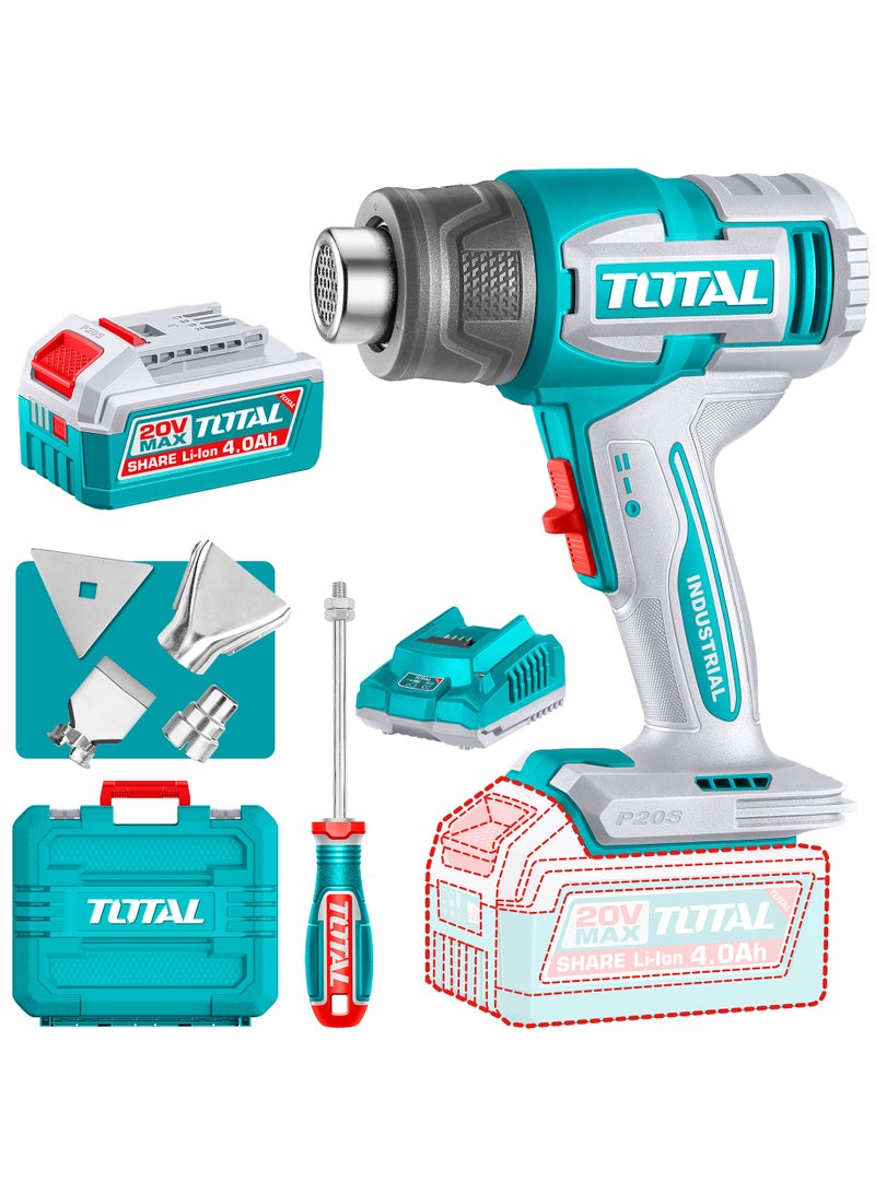 TOTAL 20V Cordless Dual-Temperature Heat Gun Kit - 300°C/550°C Battery Heat Gun with 4.0Ah Battery, Charger, 3 Nozzles, Scraper & Case - TBLI20065 - Image 1