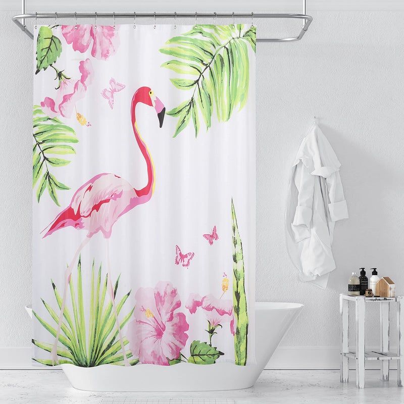 Beda Home Jungle Theme Shower Curtain Flamingo with Tropical Floral Digital Printed Shower Curtain 70Wx72L Inches Waterproof Cloth Fabric Machine Washable Suit for Bathroom Bathtub Decoration