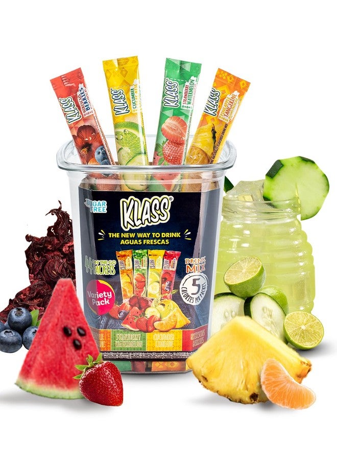 Klass Aguas Frescas Powdered Drink Mix | 44 Sugar Free Powder Packets | Flavors - Cucumber Limeade Pineapple Tangerine Strawberry Watermelon & Hibiscus Berries - Water Enhancer To Go! - Image 1