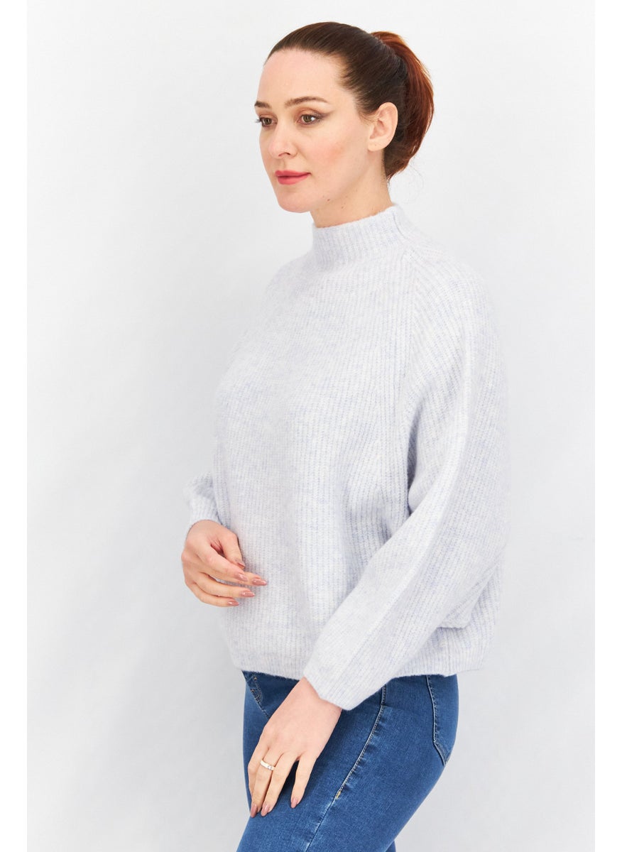 TOPSHOP Women Petite Turtle Neck Balloon Sleeve Funnel Sweater, Light Blue  - Image 3