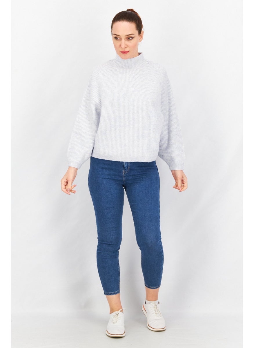 TOPSHOP Women Petite Turtle Neck Balloon Sleeve Funnel Sweater, Light Blue  - Image 2