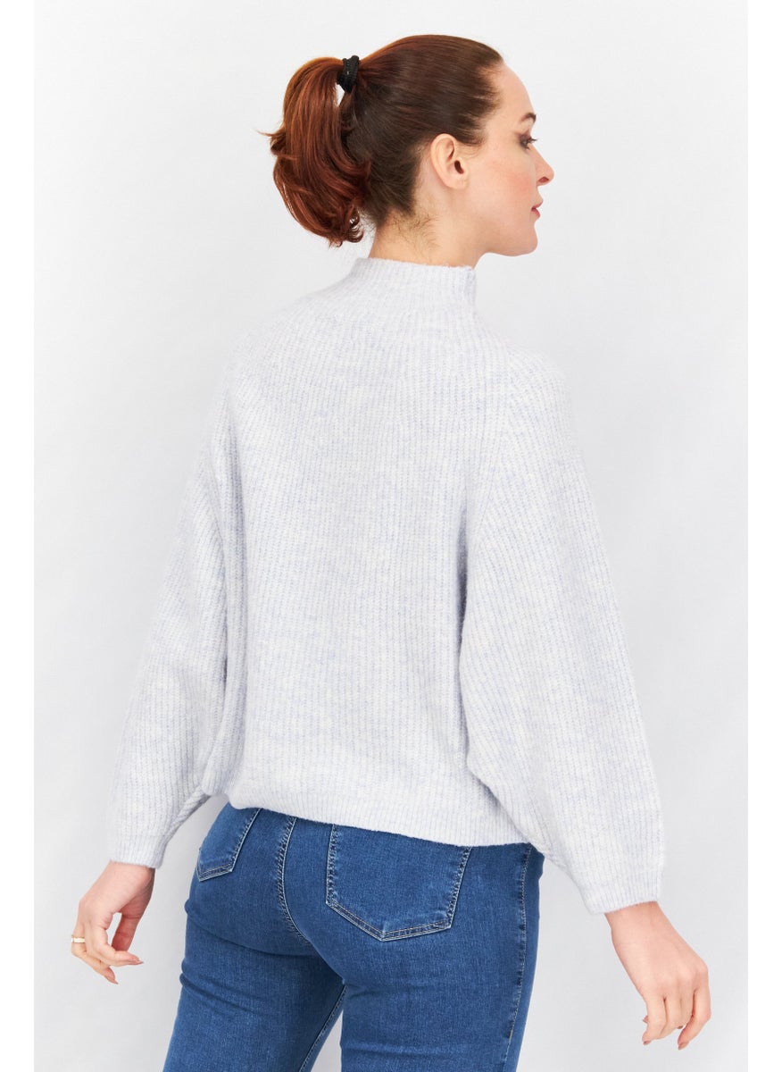 TOPSHOP Women Petite Turtle Neck Balloon Sleeve Funnel Sweater, Light Blue  - Image 4