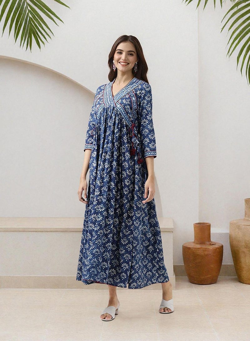 ISHIN Women's Indigo 100% Cotton Embellished Midi Smock Straight Fit Dress - Image 5