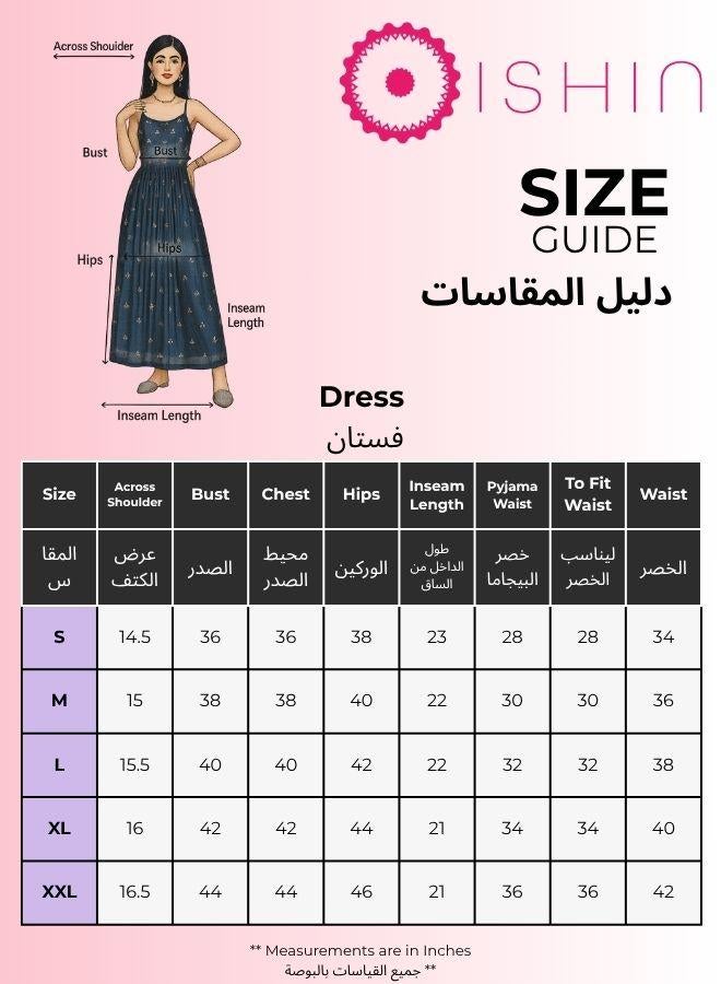 ISHIN Women's Indigo 100% Cotton Embellished Midi Smock Straight Fit Dress - Image 4