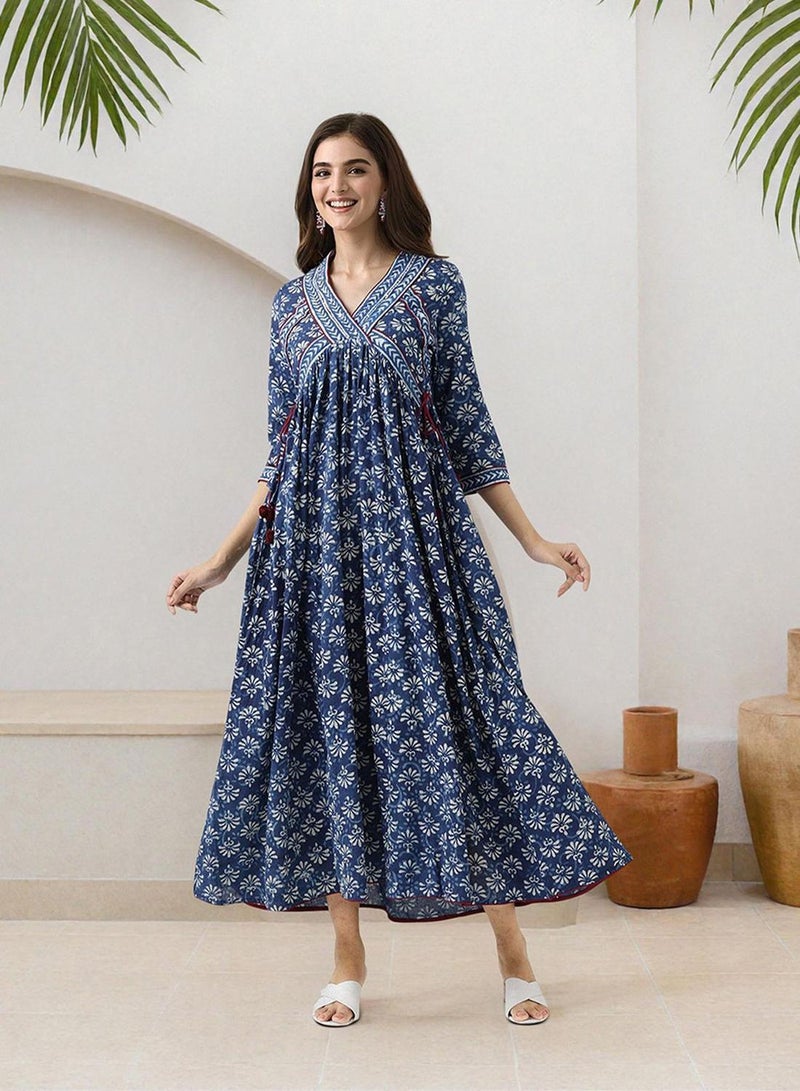 ISHIN Women's Indigo 100% Cotton Embellished Midi Smock Straight Fit Dress - Image 3