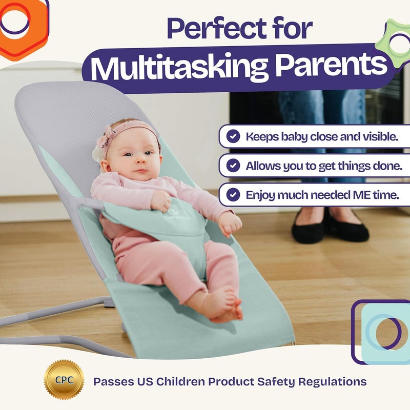 ComfyBumpy Ergonomic Baby Bouncer Seat - Bonus Travel Carry Case - Safe, Portable Bouncing Chair with Adjustable Height Positions - Infant Bouncy Seat Perfect for Newborn Babies (Green) - Image 2