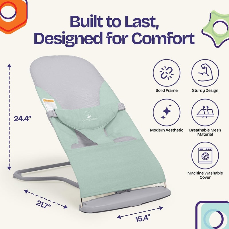 ComfyBumpy Ergonomic Baby Bouncer Seat - Bonus Travel Carry Case - Safe, Portable Bouncing Chair with Adjustable Height Positions - Infant Bouncy Seat Perfect for Newborn Babies (Green) - Image 4