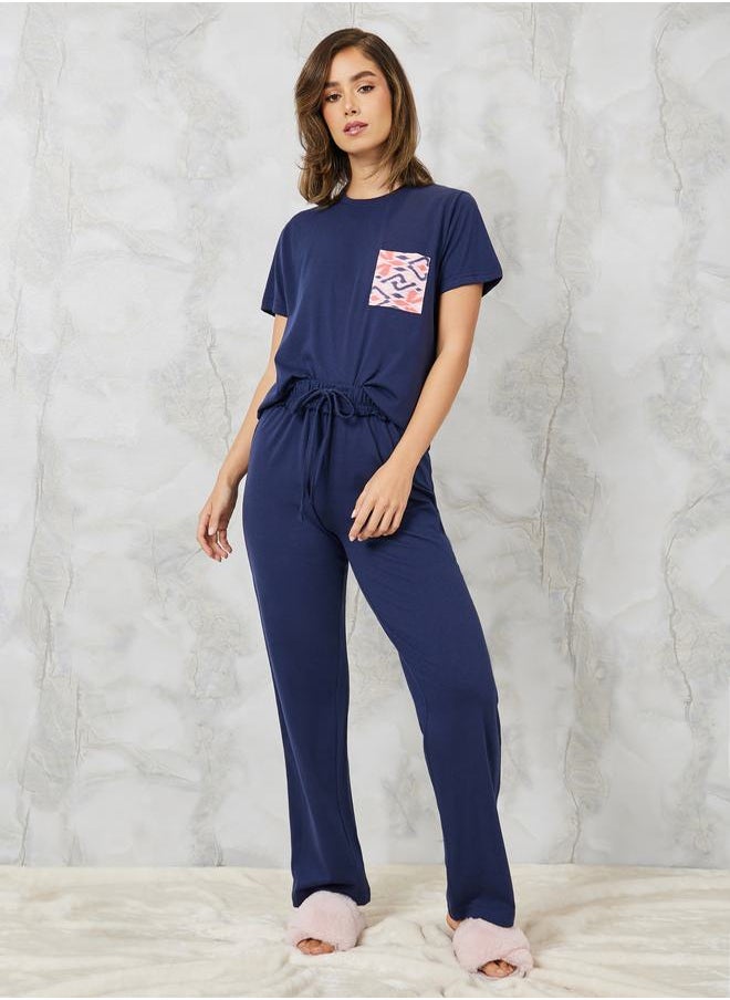Styli Aztec Print Pocket T-Shirt & Ruffle Waist Pyjama Set  - Image 1