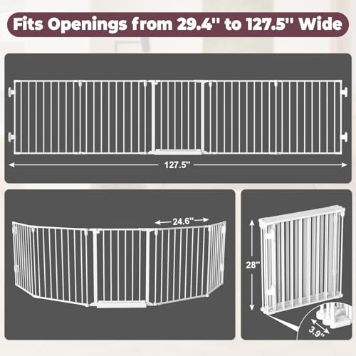 Cideny 127.5" Extra Wide Baby Gate for Fireplace Christmas Tree, Configurable 5 Metal Panels Baby Fence, Child Gate for Wide Openings with Anti-Trip Pedal, Long Kid Gate for Dog Pet, 28'' Tall White - Image 4