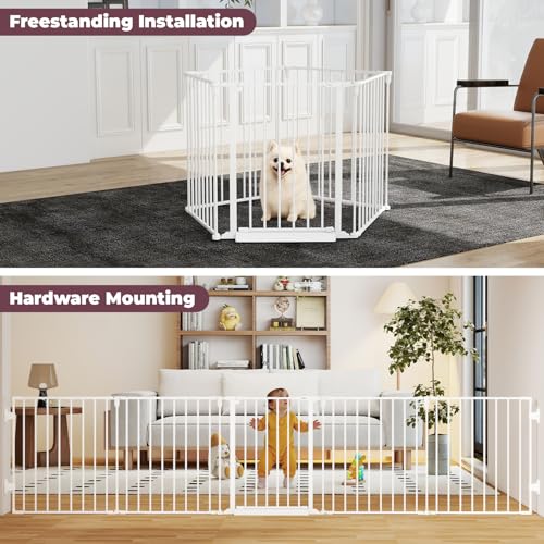 Cideny 127.5" Extra Wide Baby Gate for Fireplace Christmas Tree, Configurable 5 Metal Panels Baby Fence, Child Gate for Wide Openings with Anti-Trip Pedal, Long Kid Gate for Dog Pet, 28'' Tall White - Image 2